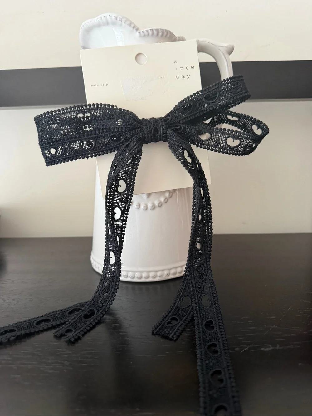 a new day Black Heart Lace Ribbon Bow Clip